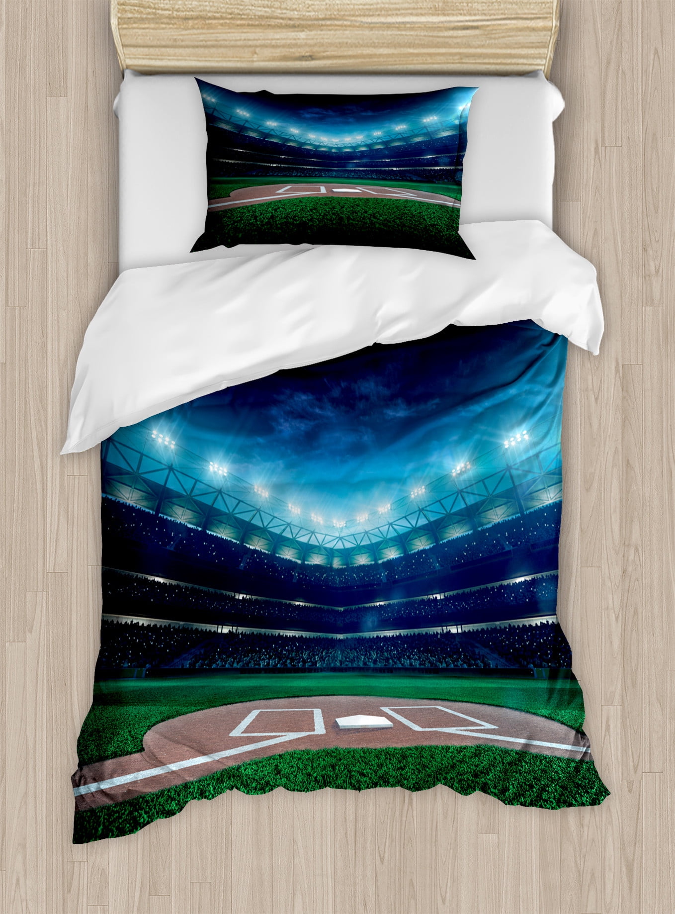 Twin Blue and Green Baseball Stadium Duvet Cover Set