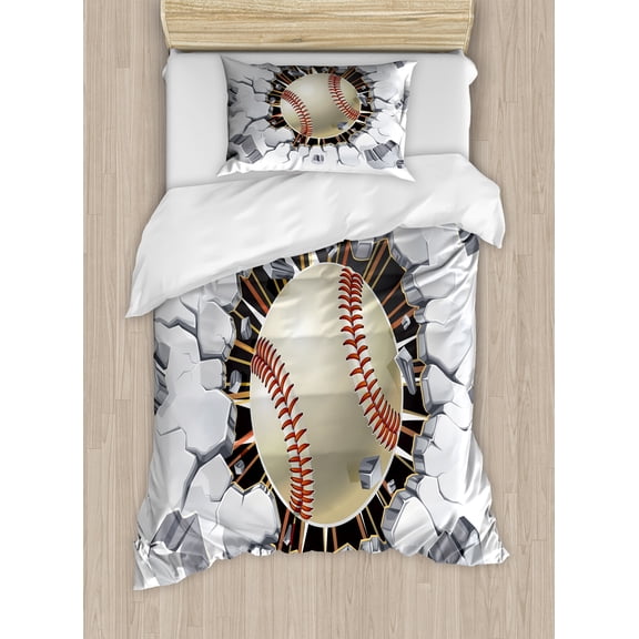 Ambesonne Sports Duvet Cover Sets, Baseball Wall Concrete, 2-Twin, Ivory Pale Grey Orange