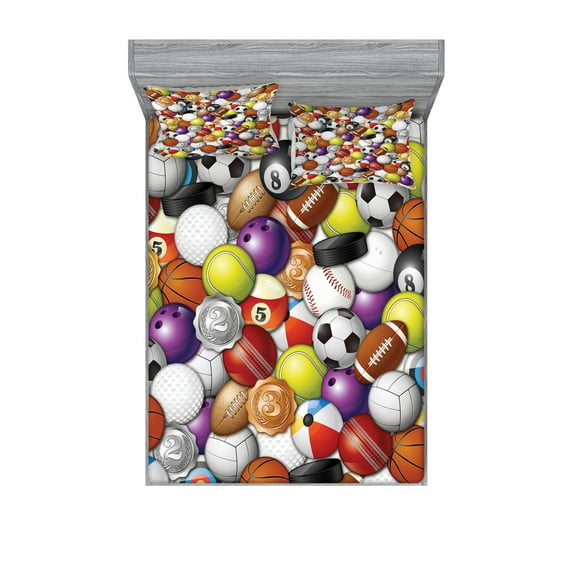 Ambesonne Sports Emoji Fitted Sheet & Pillow Sham Set, Soccer Billard Tennis, Queen, White Multicolor