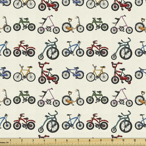 Ambesonne Sports Fabric by the Yard Upholstery, Colorful Bicycles Pattern, 2 Yards, Multicolor