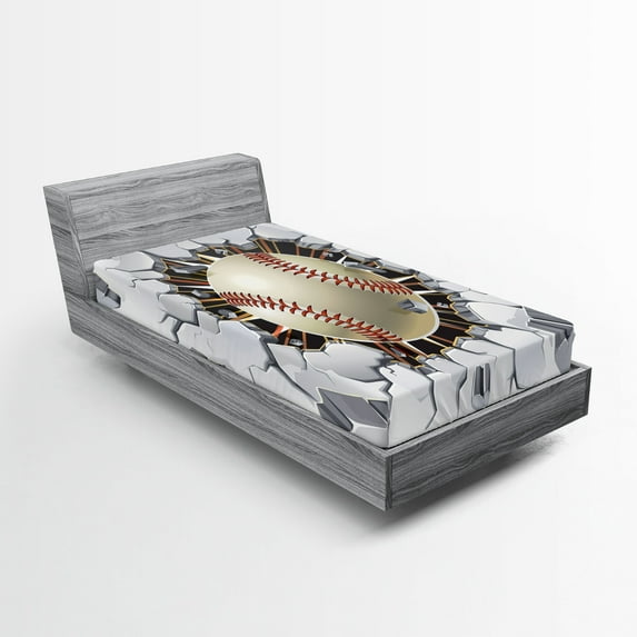 Ambesonne Sports Fitted Sheet 2 Pcs Set, Baseball Wall Concrete, Twin, Ivory Pale Grey Orange