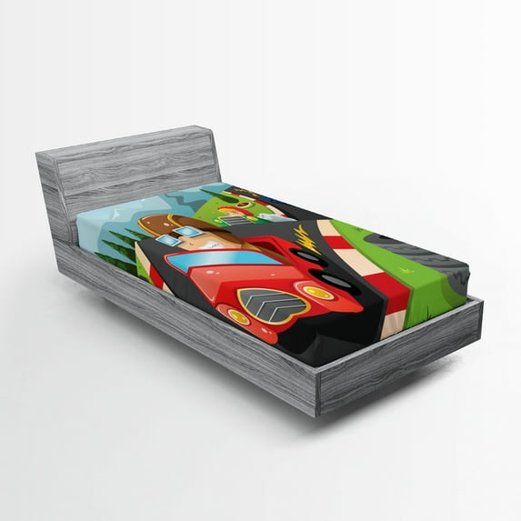 Ambesonne Sports Fitted Sheet, Auto Racing Boys, Twin XL Size, Multicolor