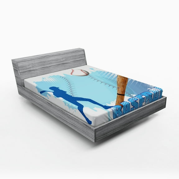 Ambesonne Sports Fitted Sheet, Baseball Sport Cartoon, Full Size, Blue and White