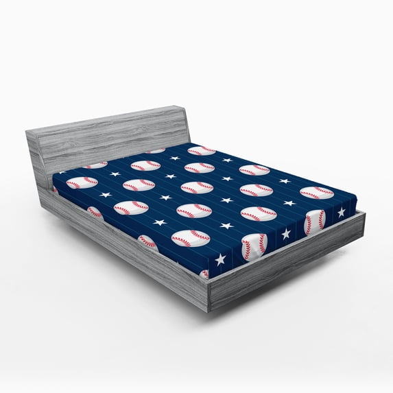 Ambesonne Sports Fitted Sheet, Baseball Stripes, King Size, Night Blue Red White