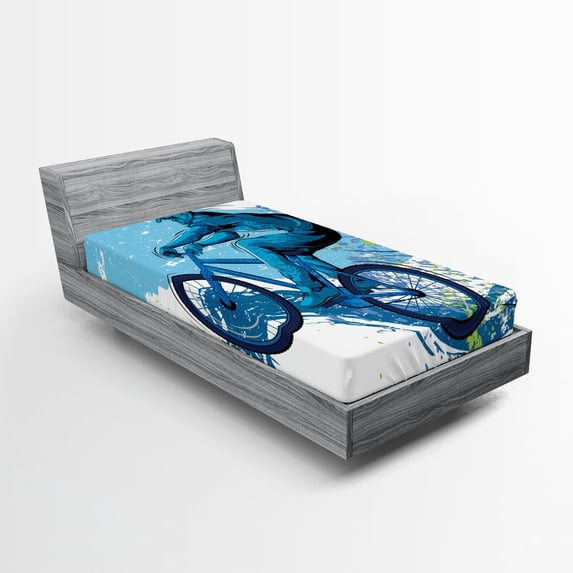 Ambesonne Sports Fitted Sheet, Bicyclist Color Splashes, Twin Size, Blue Aqua Pale Green