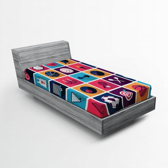 Ambesonne Sports Fitted Sheet, Bowling Collage, Twin Size, Navy Purple