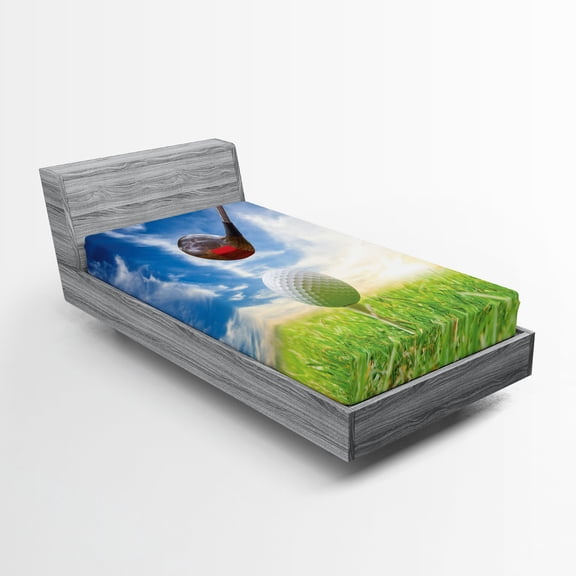 Ambesonne Sports Fitted Sheet, Golf Club and Ball, Twin XL Size, Green Blue