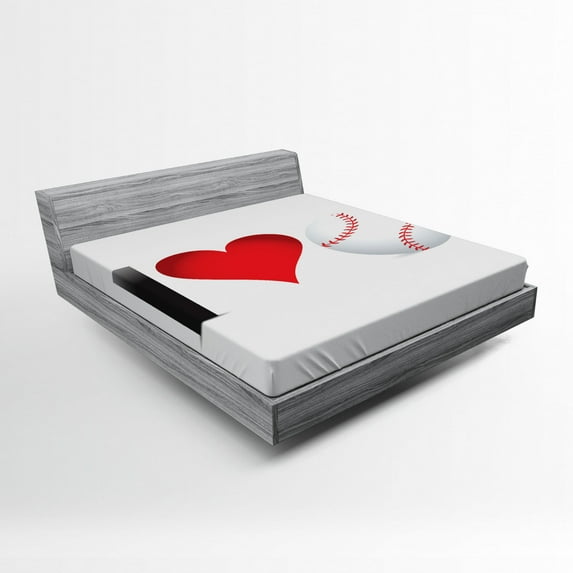 Ambesonne Sports Fitted Sheet, I Love Baseball Heart, Queen Size, Red Black White