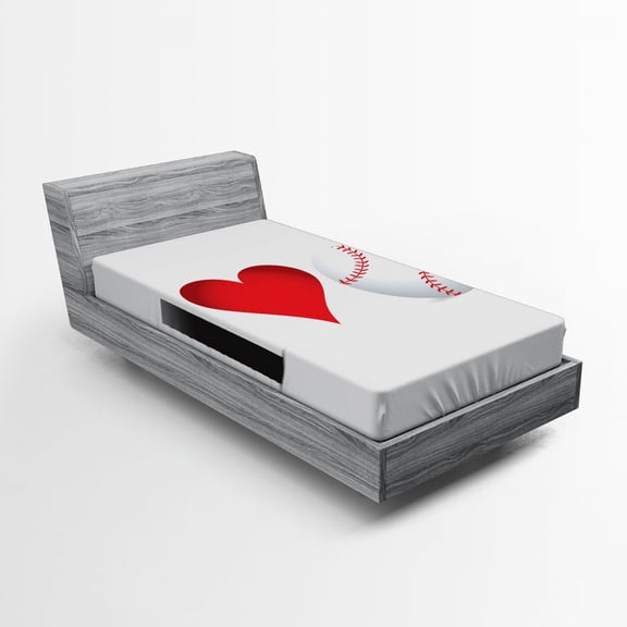 Ambesonne Sports Fitted Sheet, I Love Baseball Heart, Twin XL Size, Red Black White