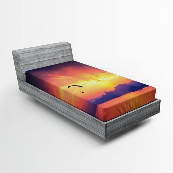 Ambesonne Sports Fitted Sheet, Paragliding at Sunset, Twin XL Size, Orange