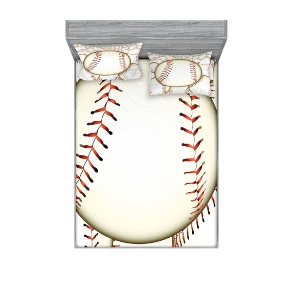 Ambesonne Sports Fitted Sheet & Pillow Sham Set, Baseball Ball Pattern, Queen, Cream Red