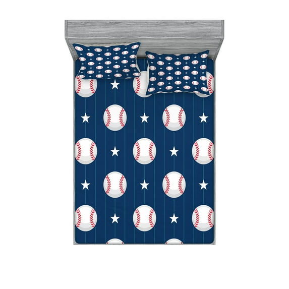 Ambesonne Sports Fitted Sheet & Pillow Sham Set, Baseball Stripes, Full, Night Blue Red White