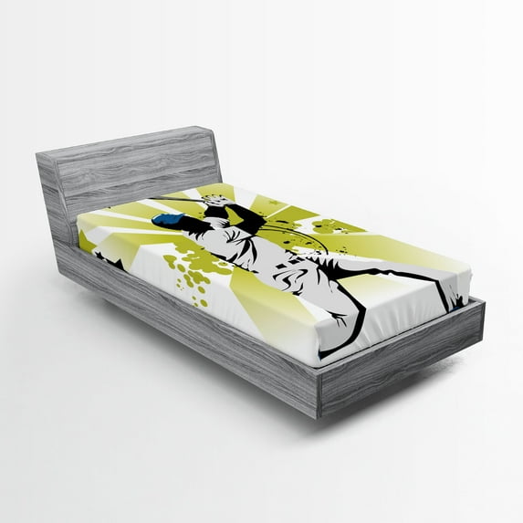 Ambesonne Sports Fitted Sheet, Pitcher Hits the Ball, Twin Size, White Green