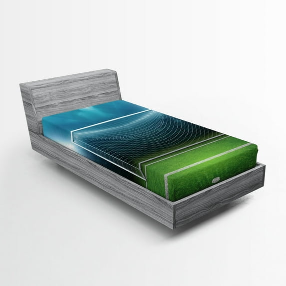 Ambesonne Sports Fitted Sheet, Soccer Football Game, Twin XL Size, Green Blue