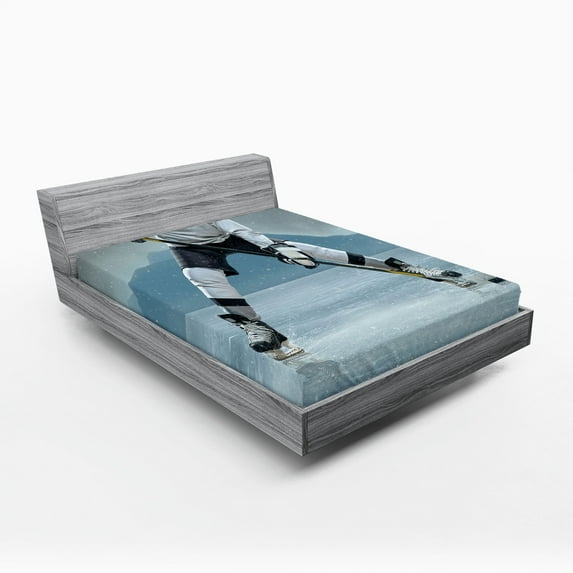 Ambesonne Sports Fitted Sheet, Stick and Puck Mountain, California King, Charcoal Grey White