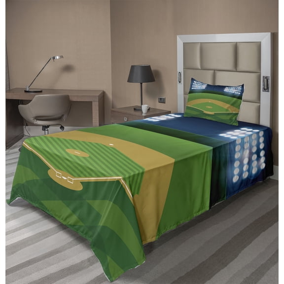 Ambesonne Sports Fitted & Top Sheet Set with Sham, Cartoonish Field Stadium, Multicolor