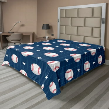Ambesonne Sports Flat Sheet, Baseball Stripes, California King, Night Blue Red White