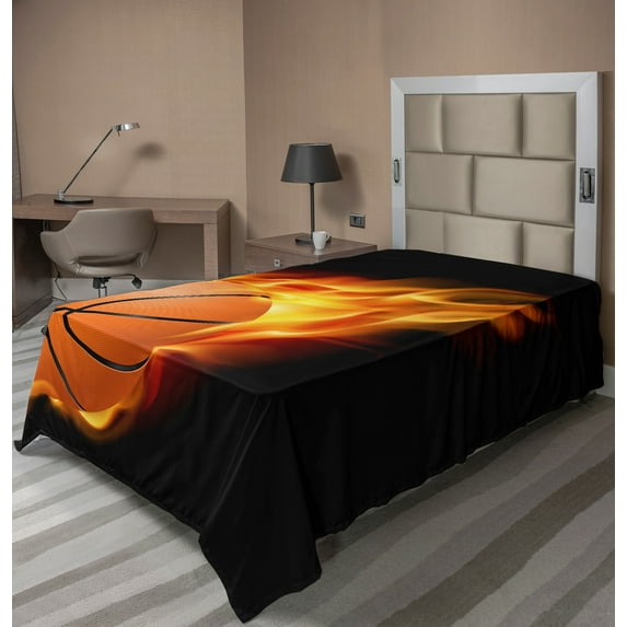Ambesonne Sports Flat Sheet, Basketball Shoot Art, TwinXL Size, Orange Black