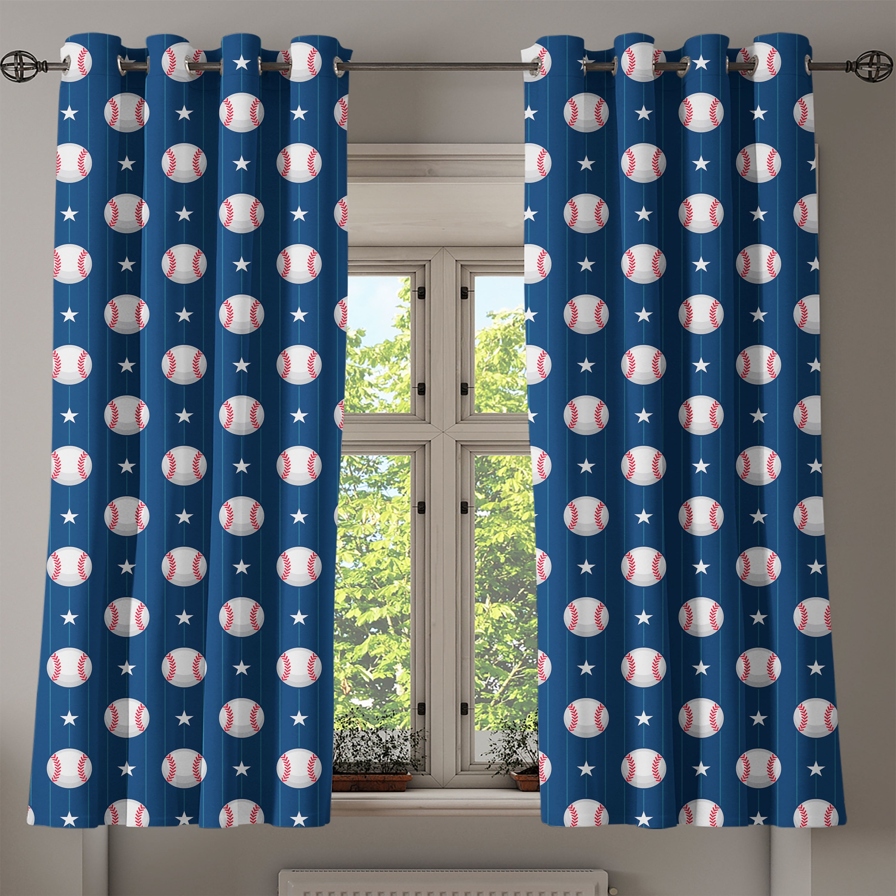 Night Blue Red White Baseball Print Satin Grommet Curtains, 50" x 54"