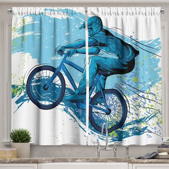 Ambesonne Sports Kitchen Curtains, Bicyclist Color Splashes, 55"x45", Blue Aqua Pale Green