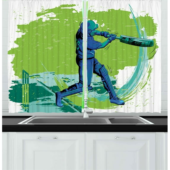 Ambesonne Sports Kitchen Curtains, Cricket Player Pitching, 55"x45", Lime Green Turquoise