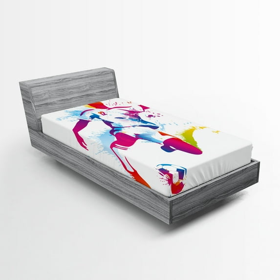 Ambesonne Sports Lover Fitted Sheet 2 Pcs Set, Soccer Kicks the Ball, Twin XL, Multicolor