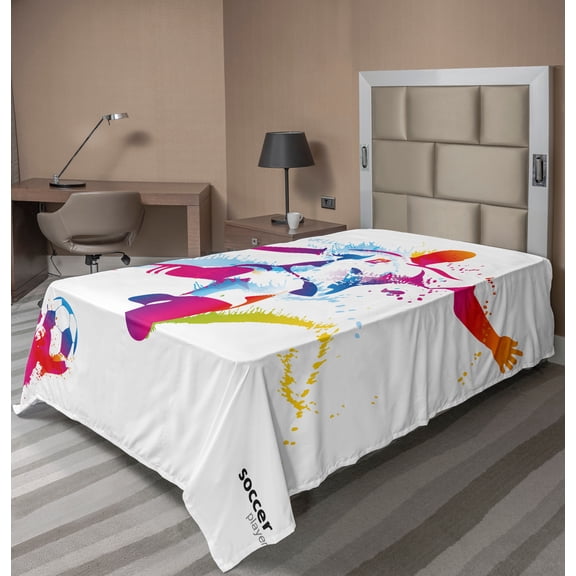 Ambesonne Sports Lover Flat Sheet, Soccer Kicks the Ball, TwinXL Size, Multicolor
