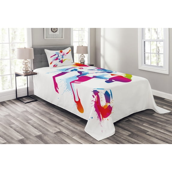 Ambesonne Sports Lover Quilted Bedspread Set 2 Pcs, Soccer Kicks the Ball, Twin Size, Multicolor
