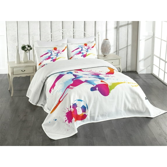 Ambesonne Sports Lover Quilted Bedspread Set 3 Pcs, Soccer Kicks the Ball, King Size, Multicolor