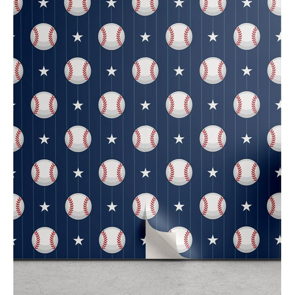 Ambesonne Sports Peel & Stick Wallpaper for Home, Baseball Stripes, 13"x36", Night Blue Red White