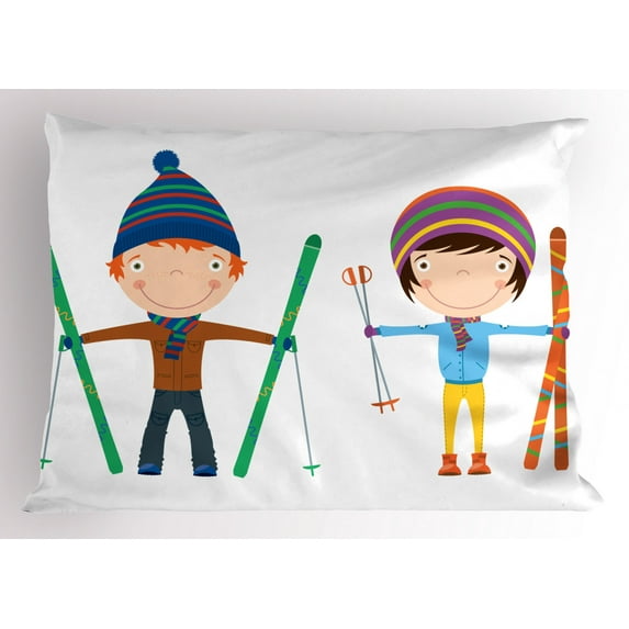 Ambesonne Sports Pillow Sham, Boy and Girl Skis, 26" X 20", Multicolor