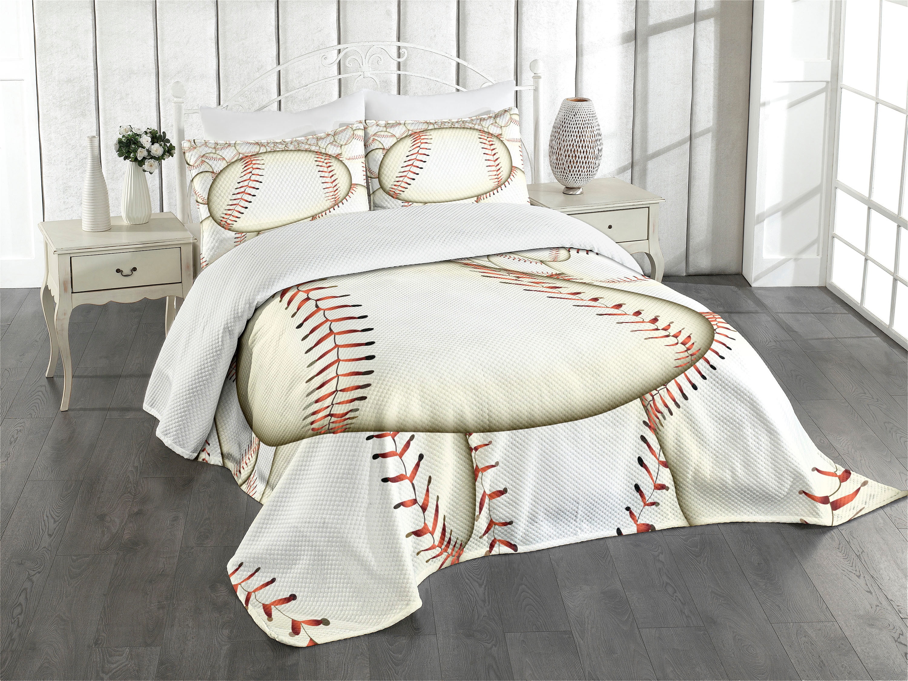 Twin Red and Cream Quilted Baseball Bedspread Set