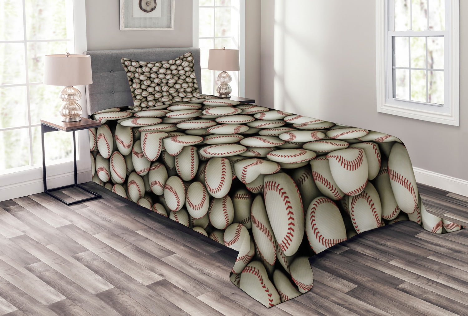 Twin White Polyester Baseball Print Bedspread Set