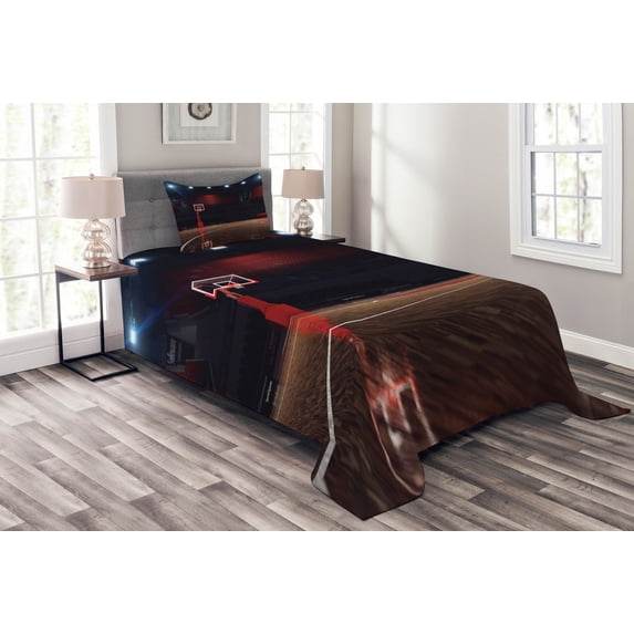 Ambesonne Sports Quilted Bedspread Set 2 Pcs, Empty Basketball Court, Twin Size, Brown Black and Red