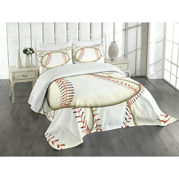 Ambesonne Sports Quilted Bedspread Set 3 Pcs, Baseball Ball Pattern, King Size, Cream Red