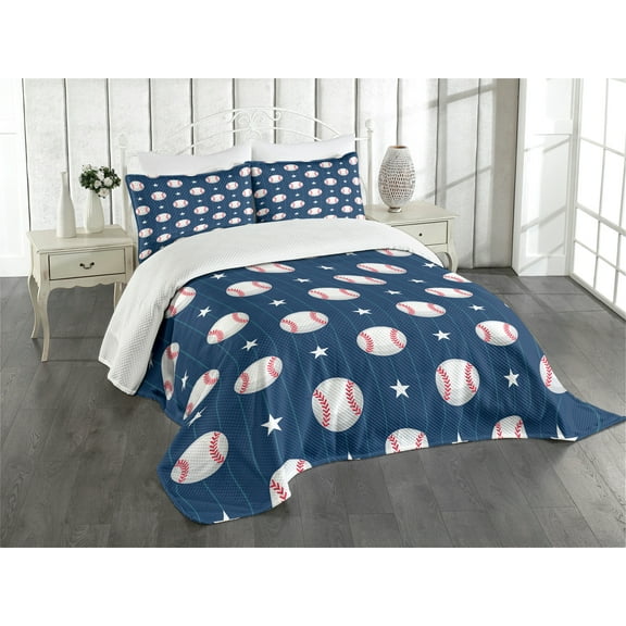 Ambesonne Sports Quilted Bedspread Set 3 Pcs, Baseball Stripes, King Size, Night Blue Red White