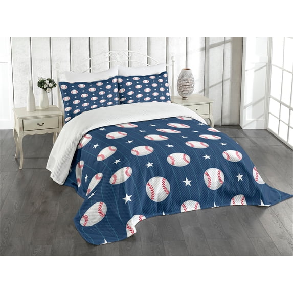 Ambesonne Sports Quilted Bedspread Set 3 Pcs, Baseball Stripes, Queen Size, Night Blue Red White