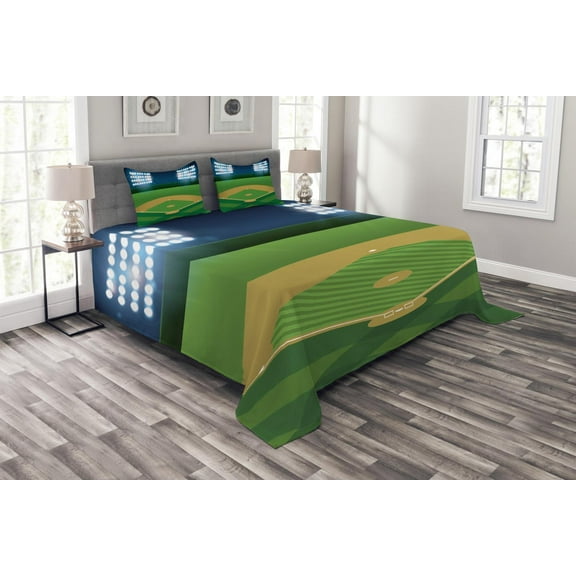 Ambesonne Sports Quilted Bedspread Set 3 Pcs, Cartoonish Field Stadium, King Size, Multicolor