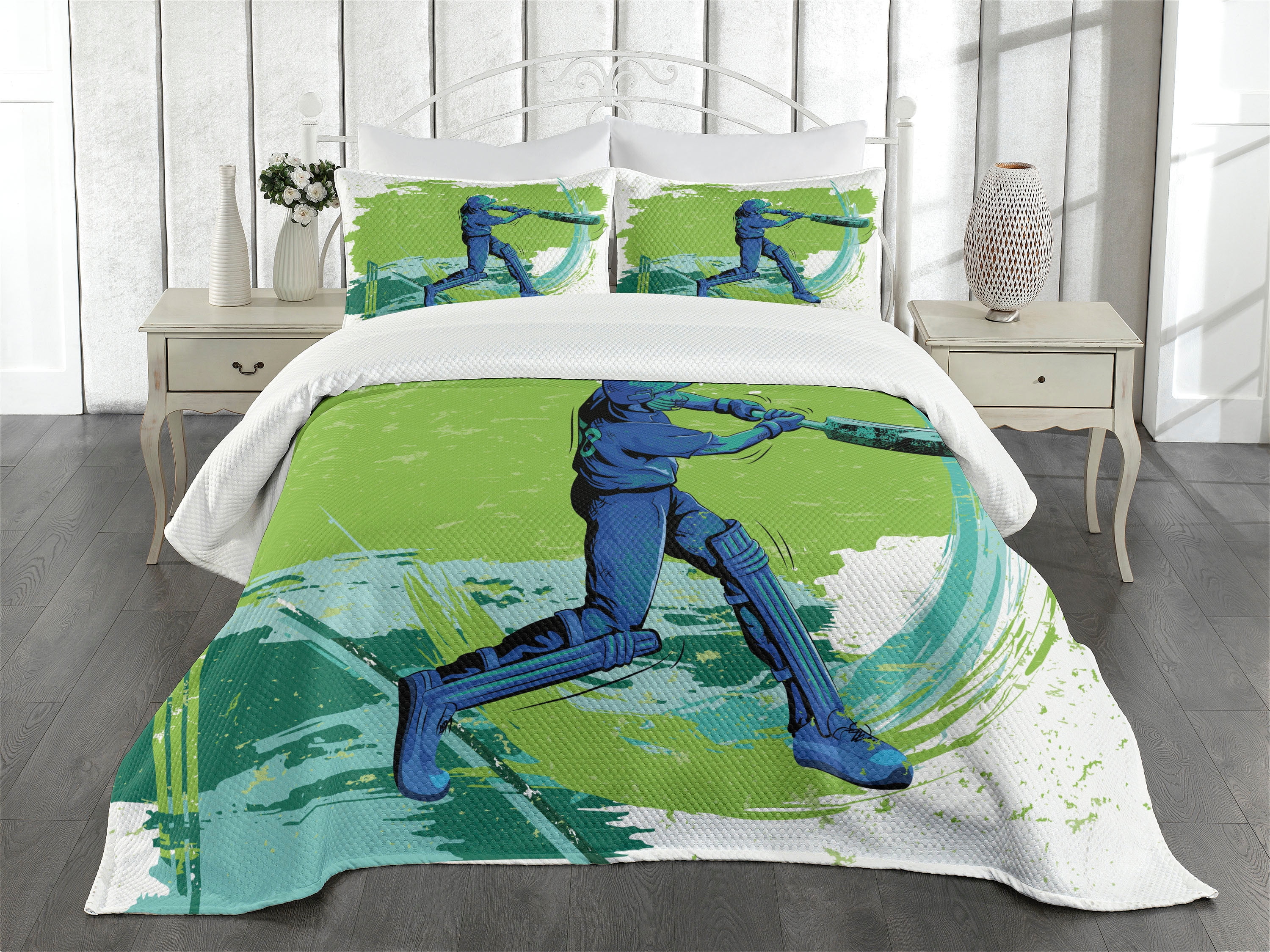 Lime Green and Blue Reversible Queen Bedspread Set