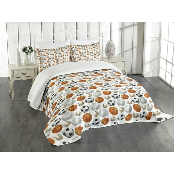 Ambesonne Sports Quilted Bedspread Set 3 Pcs, Football and Basketball, King Size, Orange Cream Black