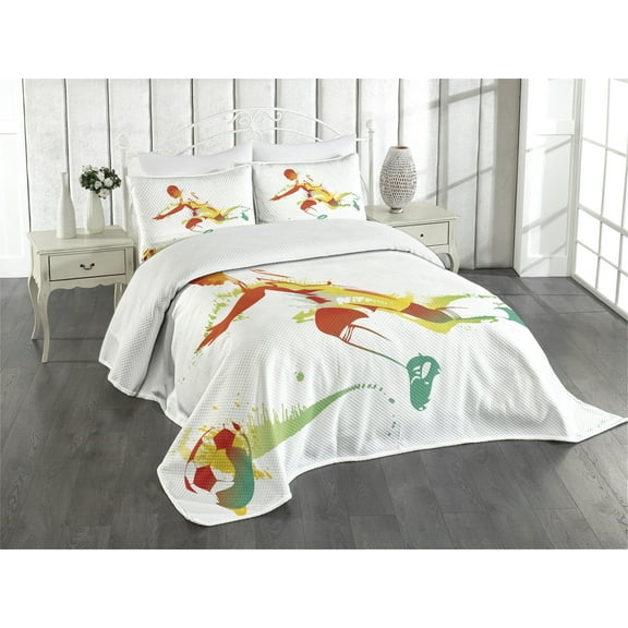 Ambesonne Sports Quilted Bedspread Set 3 Pcs, Soccer Player Athlete Print, King Size, Multicolor