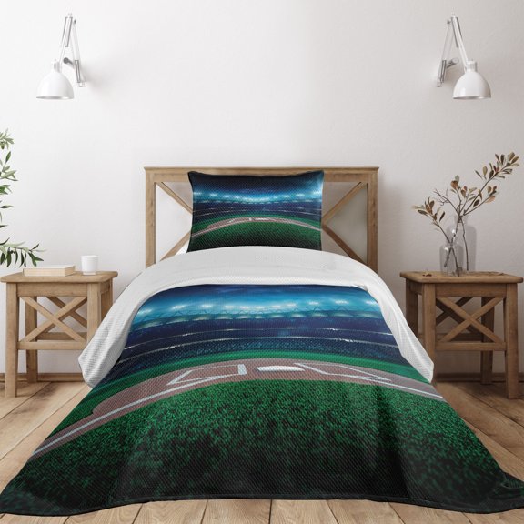 Ambesonne Sports Quilted Coverlet 2 Pcs, Baseball Stadium Night, Twin Size, Green Blue