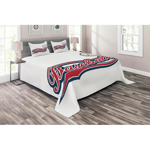 Ambesonne Sports Quilted Coverlet 3 Pcs, Baseball Ball Sports Art, King Size, Night Blue Red White
