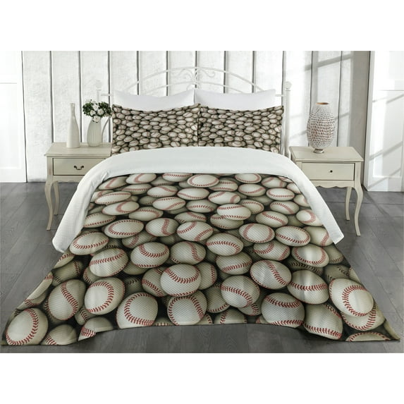 Ambesonne Sports Quilted Coverlet 3 Pcs, Baseball Sport Emblem Art, King Size, Beige Red
