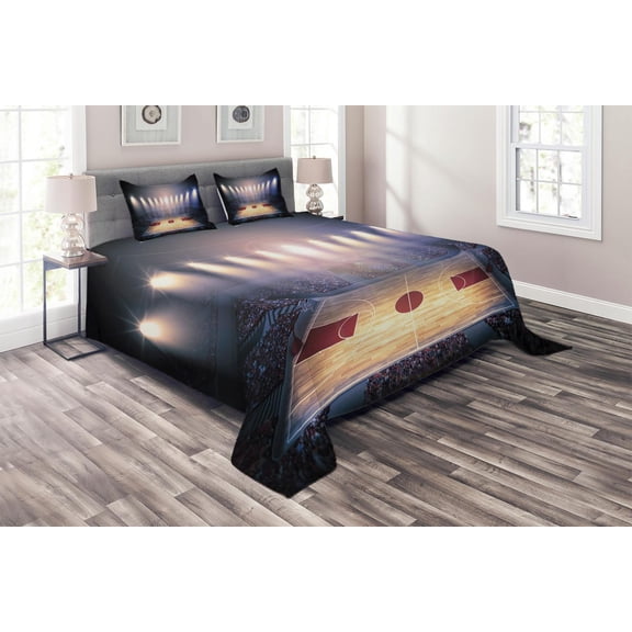 Ambesonne Sports Quilted Coverlet 3 Pcs, Basketball Tournament, King Size, Beige Navy Brown