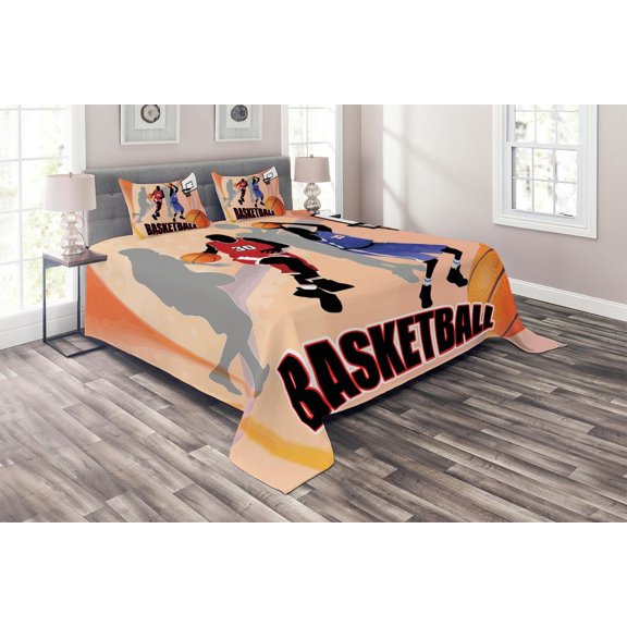 Ambesonne Sports Quilted Coverlet 3 Pcs, Vintage Basketball Art, Queen Size, Orange Black