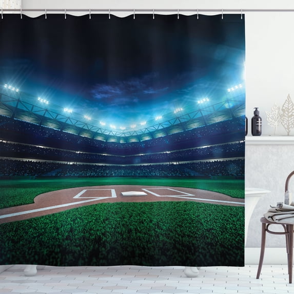 Ambesonne Sports Shower Curtain, Baseball Stadium Night, 69"Wx70"L, Green Blue