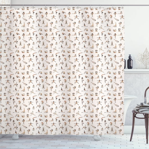 Ambesonne Sports Shower Curtain, Ladies Practice Yoga Plot, 69"Wx75"L, Sand Brown and Pale Taupe