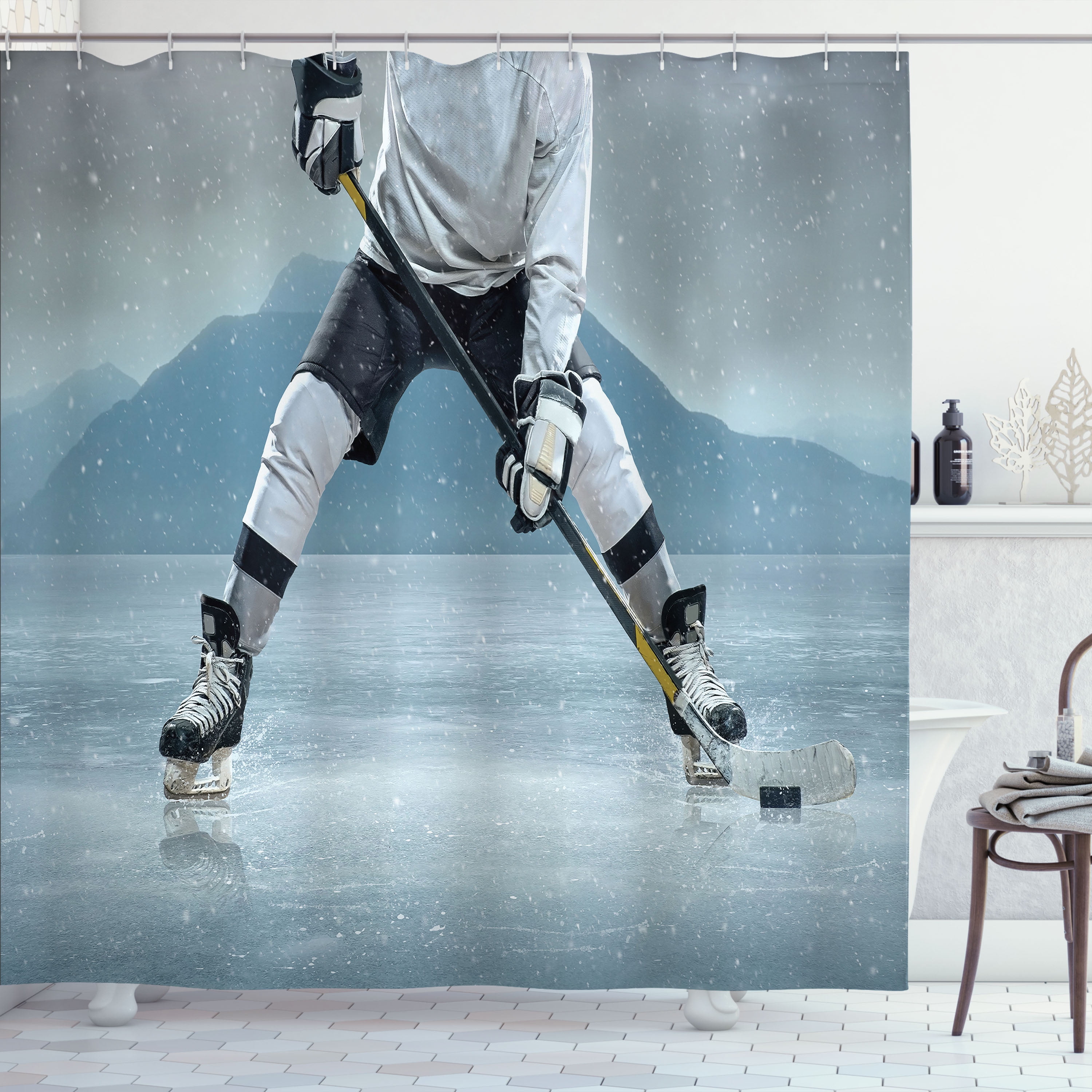 Ambesonne Sports Shower Curtain Stick And Puck Mountain 69 Wx84 L Charcoal Grey White Com