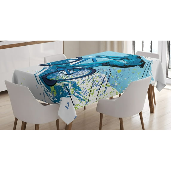 Ambesonne Sports Tablecloth Rectangular Table Cover, Bicyclist Color Splashes, 52"x70", Blue Aqua Pale Green